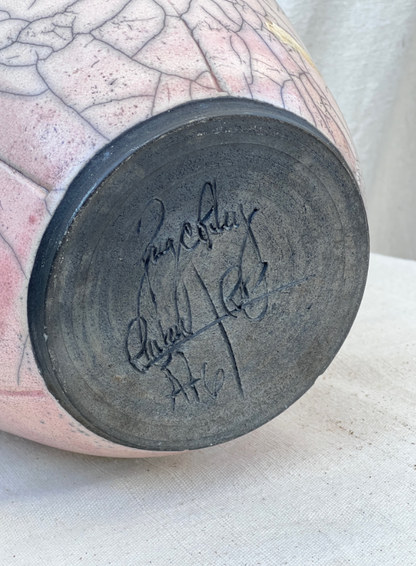 Large Handcrafted Raku Pottery Vase with Crackle Glaze and Artist Signature