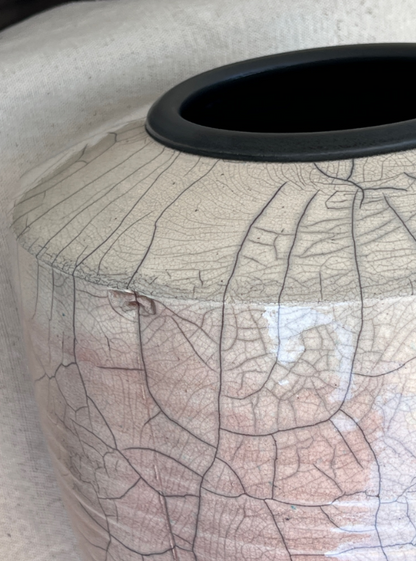 Large Handcrafted Raku Pottery Vase with Crackle Glaze and Artist Signature