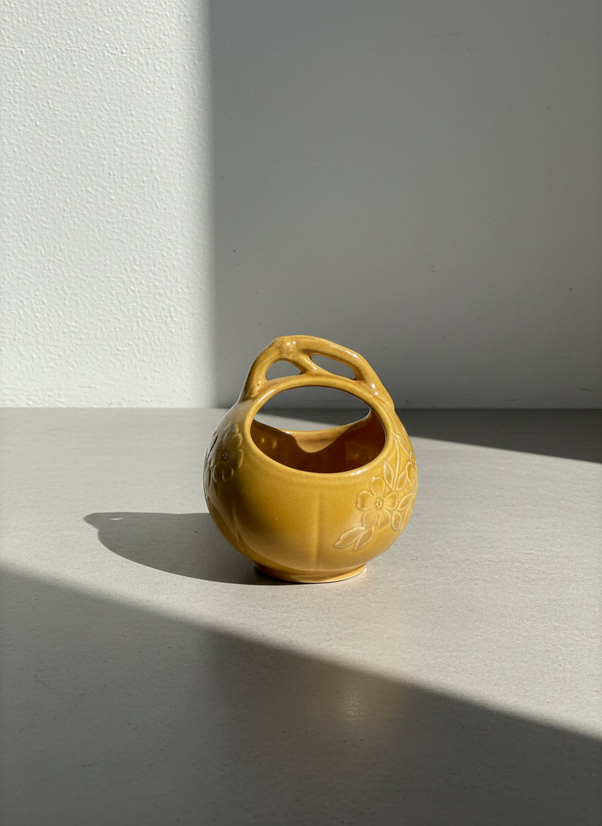 Weller Pottery Ceramic Glazed Sphere Vessel with Openwork Handle and Floral Motif