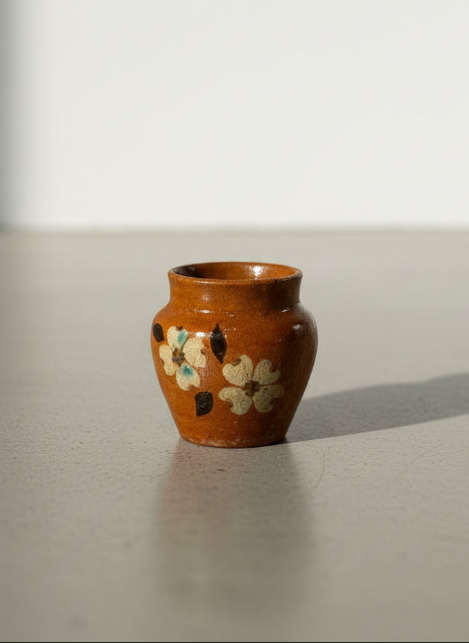 Charming Handcrafted Brown Stoneware Vase with Folk Art Floral Decoration