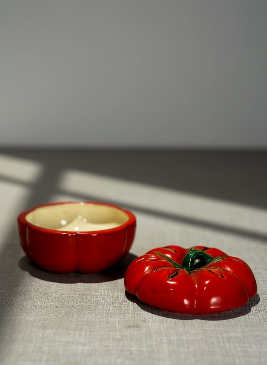 Charming Mid-Century Japanese Ceramic Tomato Sugar Bowl with Lid – Hand-Painted Red Vegetable Ware, 1950s