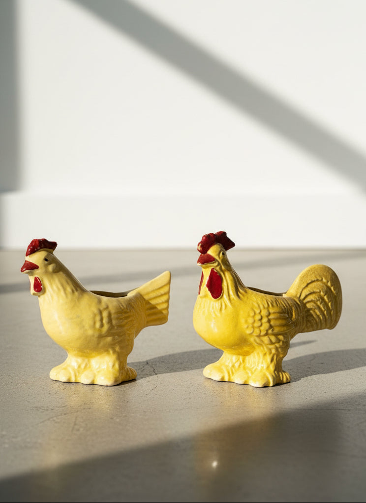 Charming Mid-Century Yellow Ceramic Rooster & Hen Planter Pair with Red Accents