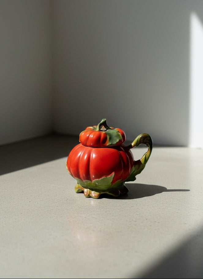 Charming Vintage Bavarian Tomato-Form Lidded Sugar Cup with Leaf Handle – Hand-Painted Ceramic