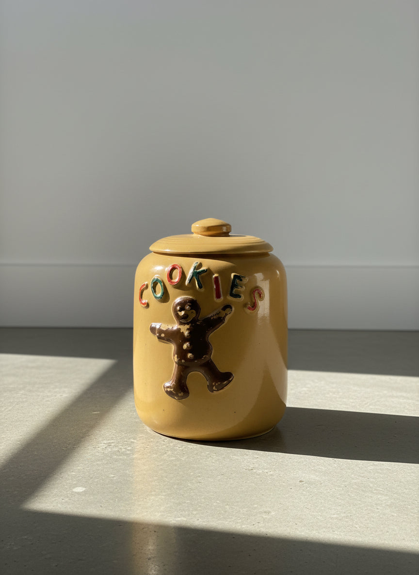 Charming Vintage McCoy Ceramic Gingerbread Cookie Jar with Colorful Raised Lettering & Dual Gingerbread Figures