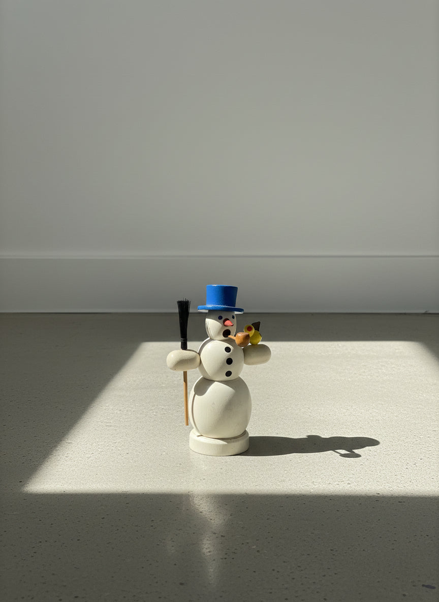 Charming Vintage Wooden Snowman Incense Smoker with Blue Top Hat, Broom & Perched Yellow Bird