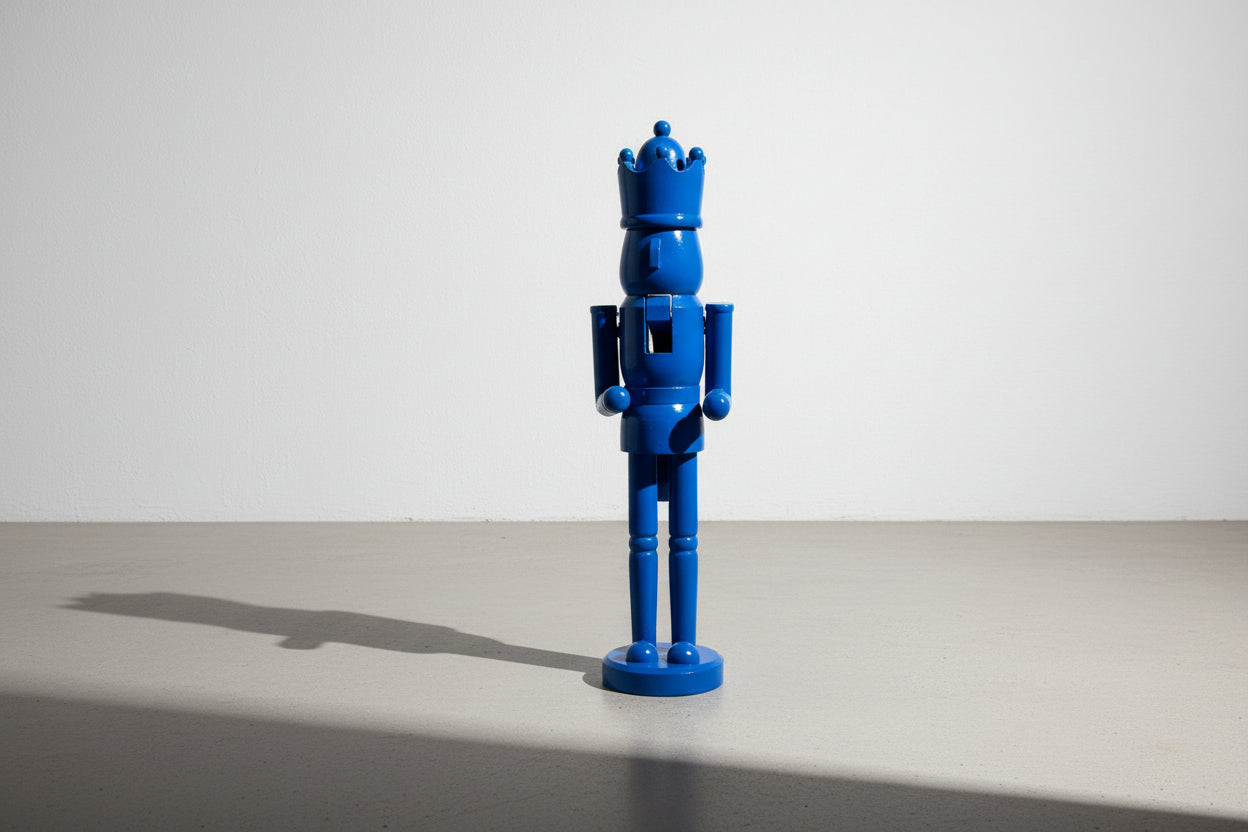 Cobalt Blue Monochrome Nutcracker King Sculpture, Hand-Carved Wood, Contemporary Folk Art Decorative Object