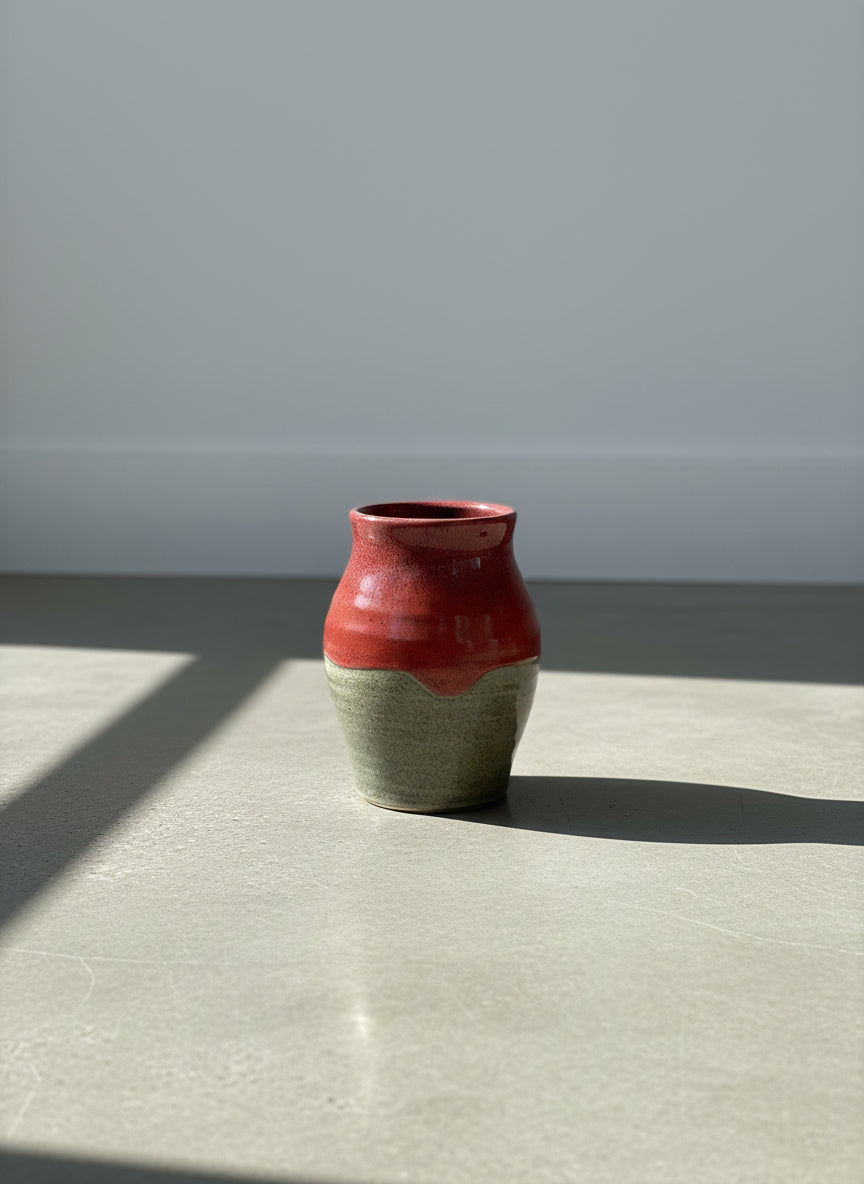 Contemporary Studio Pottery Vase with Red and Gray Two-Tone Glaze