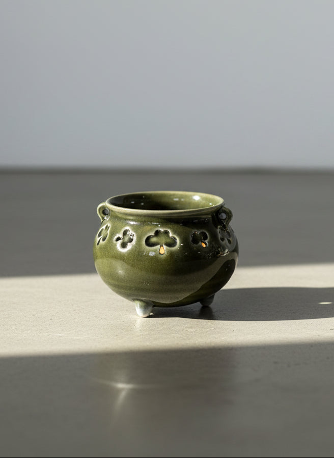 Dark Green Tripod Ceramic Cauldron Bowl with Pierced Shamrock Cutout Design