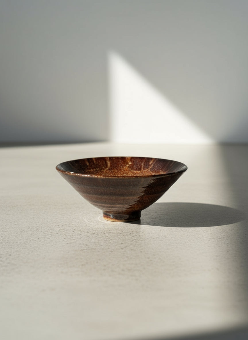Handcrafted Mid-Century Studio Pottery Footed Bowl with Deep Tenmoku Glaze and Organic Form