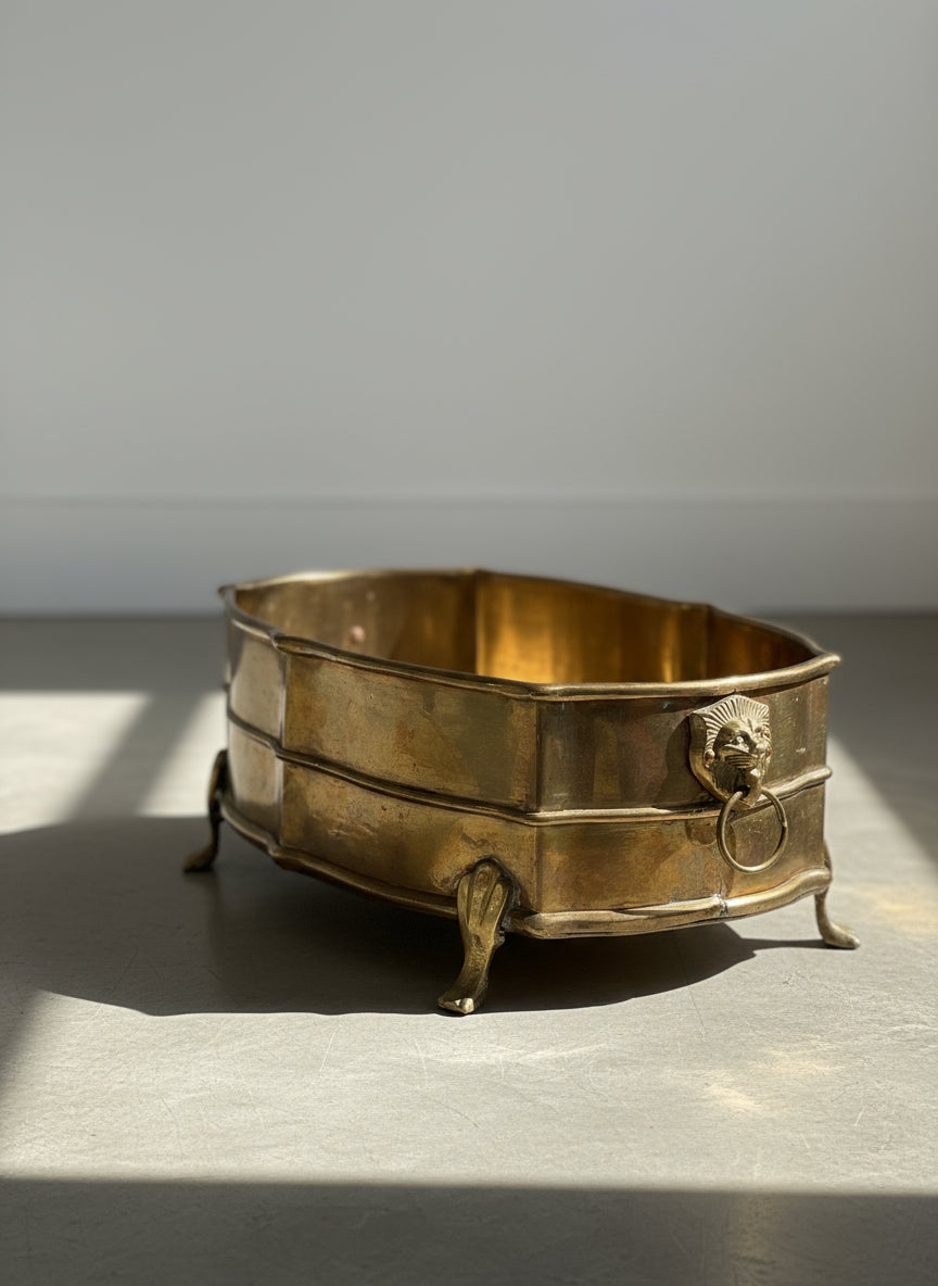 Early 20th Century Handcrafted Brass Oval Jardinière with Lion Mask Handles and Paw Feet – Elegant Antique Planter