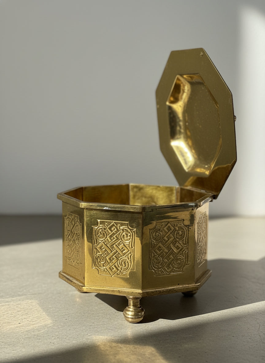 Early Middle-Eastern 20th Century Brass Octagonal Casket Box with Endless Knot Engravings and Finial Lid, Marked “C.P.”