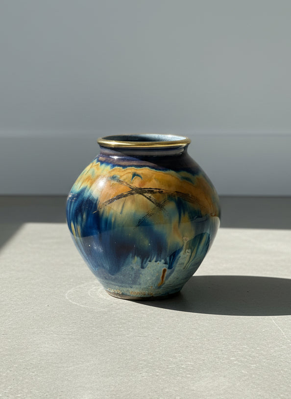 Ed Weintraub Studio Art Pottery Vase with Multicolor Drip Glaze and Gilt Rim