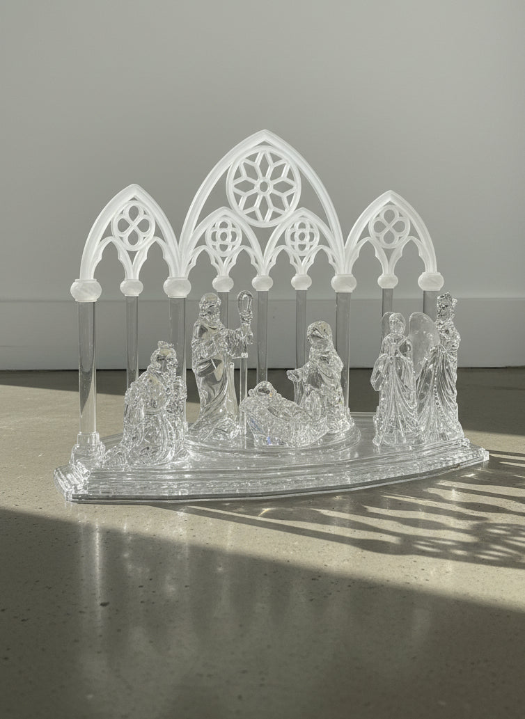 Elegant Clear Acrylic Nativity Scene With Gothic Cathedral Backdrop