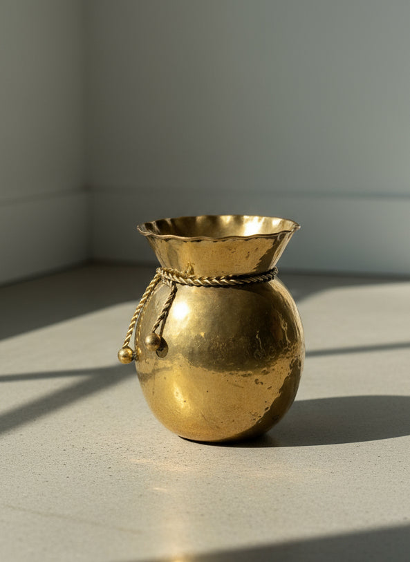 Elegant Early 20th Century Hand-Hammered Brass Vase with Twisted Rope and Scalloped Rim
