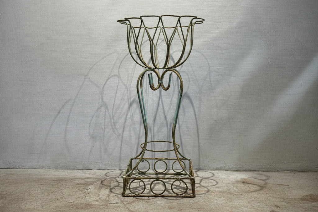Elegant Mid-Century Wrought Iron Tulip-Form Plant Stand with Aged Aqua Patina