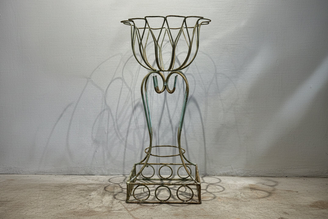 Elegant Mid-Century Wrought Iron Tulip-Form Plant Stand with Aged Aqua Patina