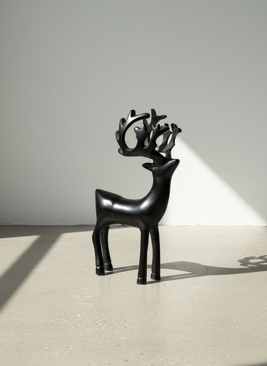 Elegant Modern Black Reindeer Sculpture with Abstract Antler Design