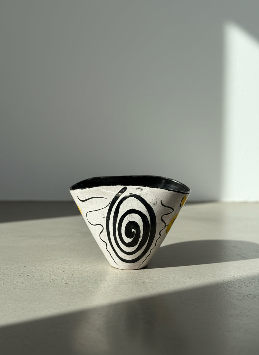 haller handarbeit abstract cone ceramic bowl with black spiral design