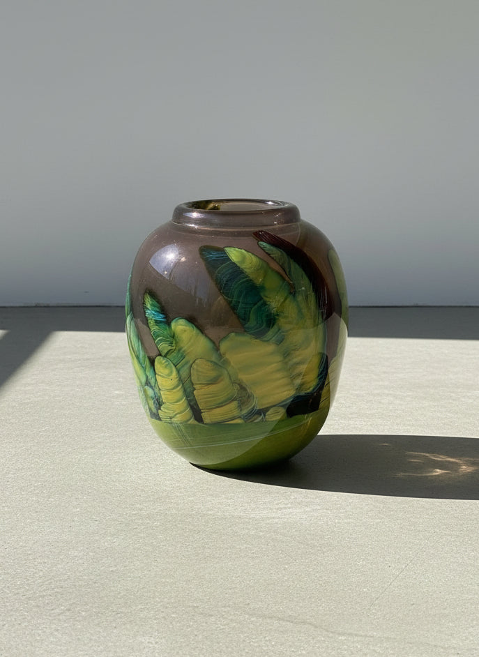 Hand-Blown Studio Art Glass Vase with Abstract Green Feathered Swirl Design