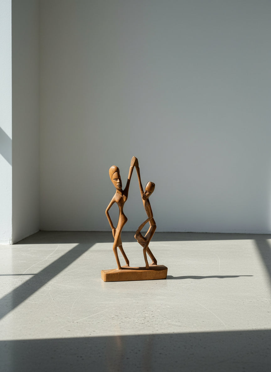 Hand-Carved Mid-Century African Tribal Wooden Dancing Couple Figurine