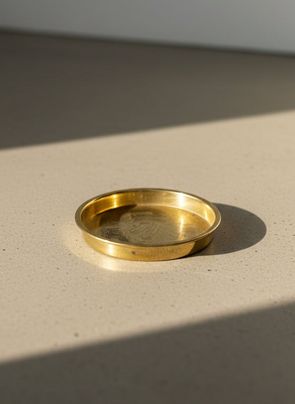 Hand-Etched Korean Brass Coaster Dish with Traditional Motif — Vintage Solid Brass Decor