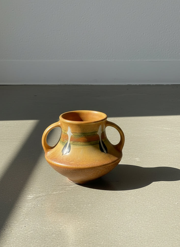 Roseville Hand-Painted Two-Handled Art Pottery Vase with Earth-Tone Glaze