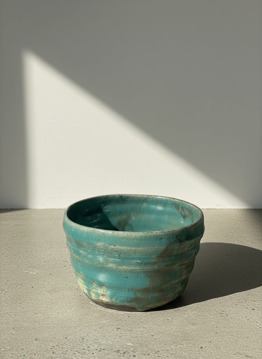 hand thrown turquoise studio pottery bowl with ribbed sides
