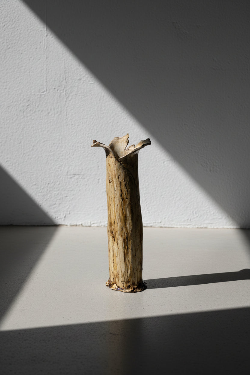 Handbuilt Textured Ceramic Tree Bark Vase with Ruffled Flower Rim