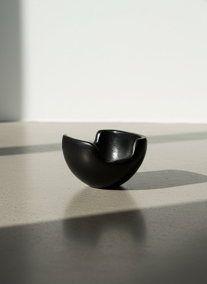 Handcrafted Black Ceramic Modernist Ashtray with Organic Notched Form