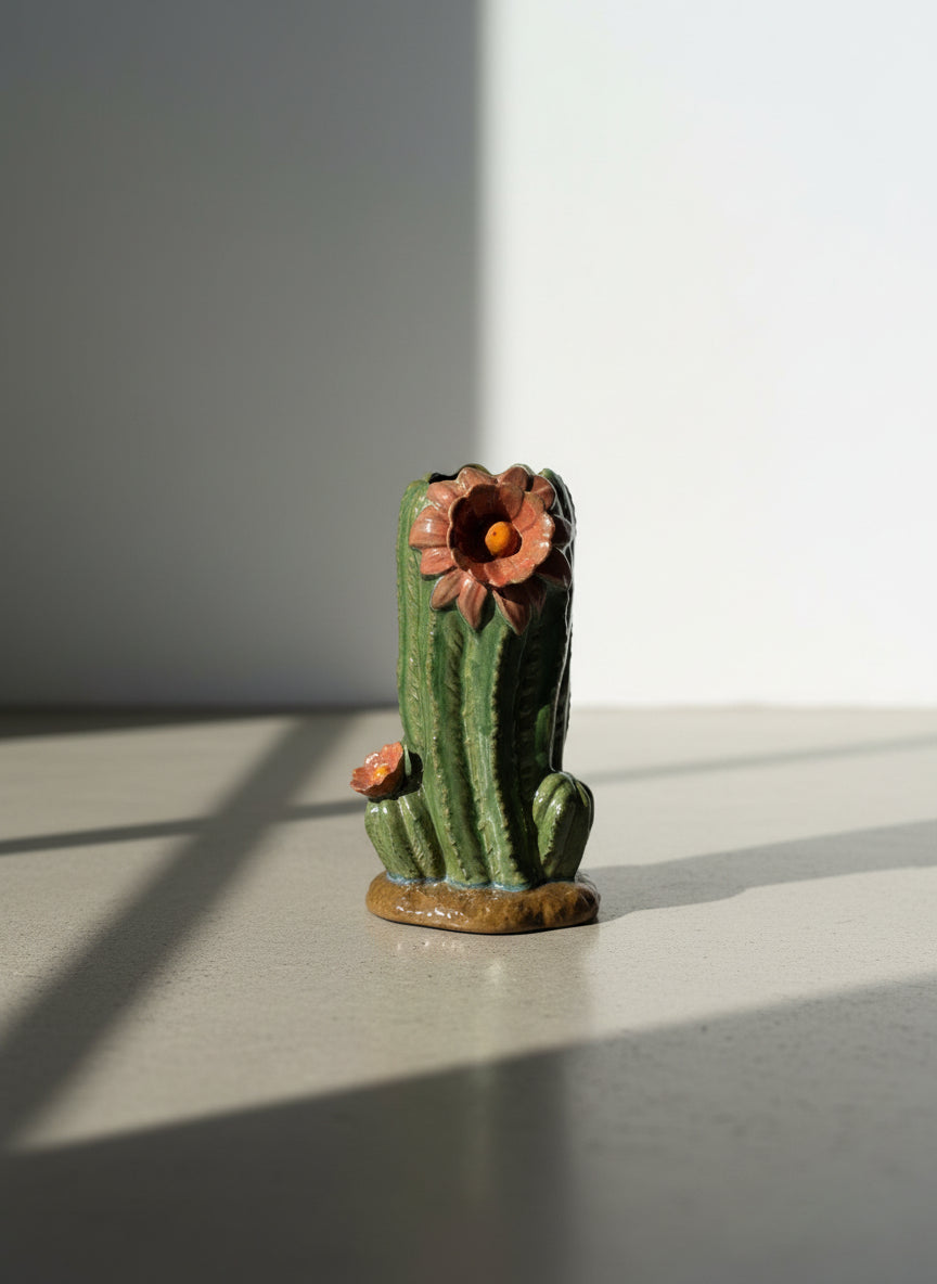 Vibrant Handcrafted Ceramic Cactus Sculpture Vase with Sculpted Desert Blooms