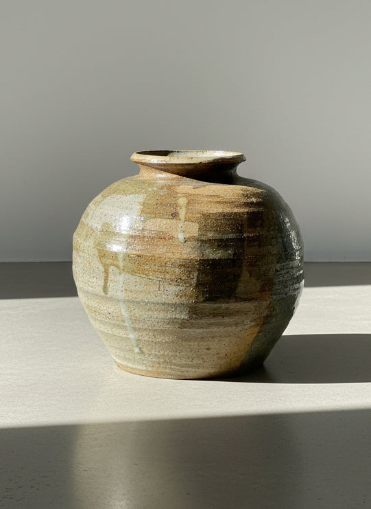 Handcrafted Earthenware Vase with Natural Ash Drip Glaze in Earth and Sage Tones