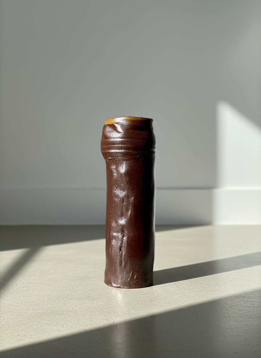 Brown ceramic vase on a textured gray background