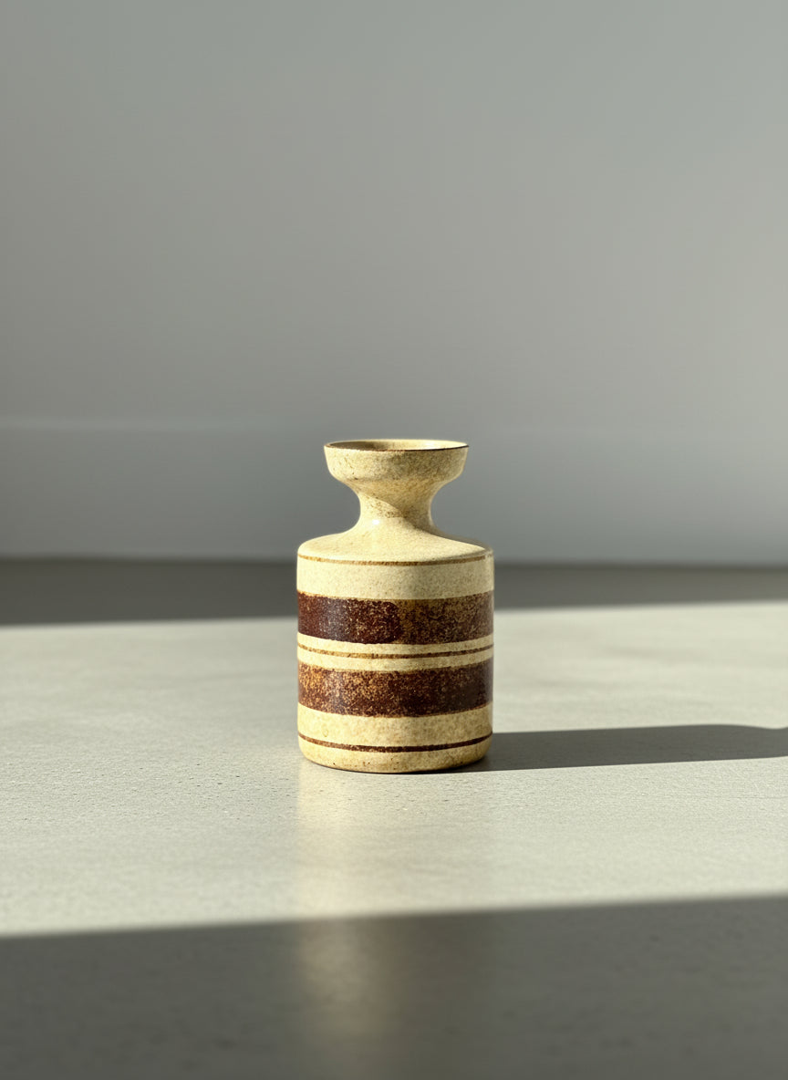 Handcrafted Mid-Century Studio Pottery Vase with Textured Cream Glaze and Earthy Brown Bands