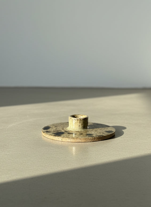 Handcrafted Mid-Century Studio Stoneware Candle Holder with Speckled Glaze and Minimalist Form