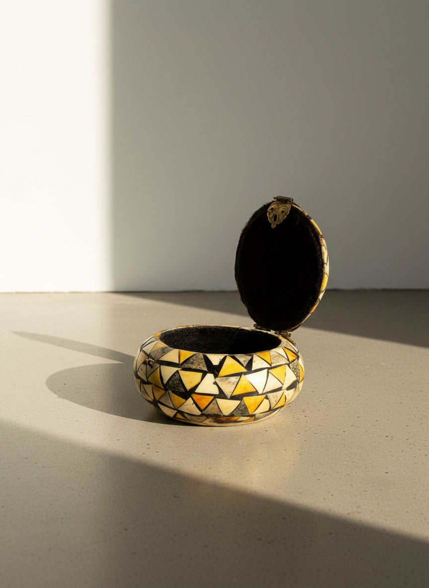 Handcrafted Mosaic Triangle-Inlay Round Lidded Vessel with Hinged Top