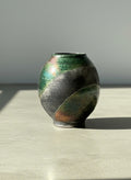 Handcrafted Raku Pottery Vase with Iridescent Metallic Glaze and Earthy Abstract Design, Signed Studio Art Piece