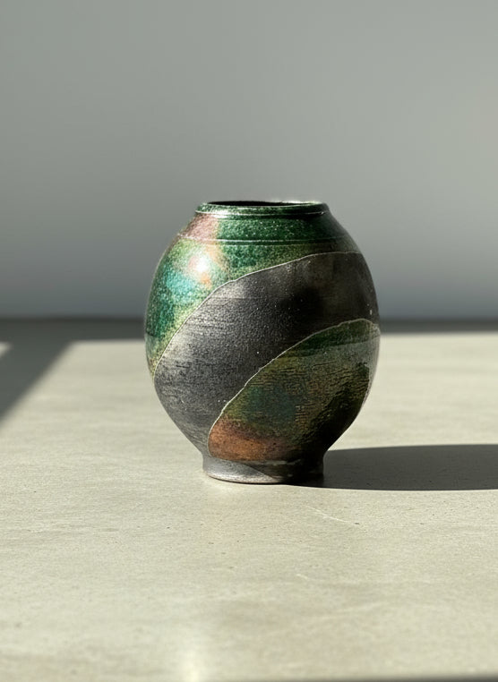 Handcrafted Raku Pottery Vase with Iridescent Metallic Glaze and Earthy Abstract Design, Signed Studio Art Piece