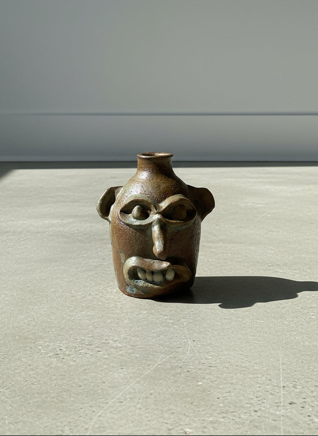 Handcrafted Studio Art Pottery Face Jug with Expressive Features and Brown Glaze