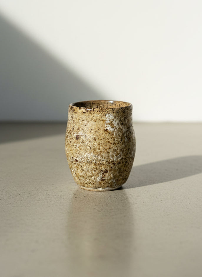 Handcrafted Studio Stoneware Cup with Speckled Ash Glaze and Organic Wabi-Sabi Form