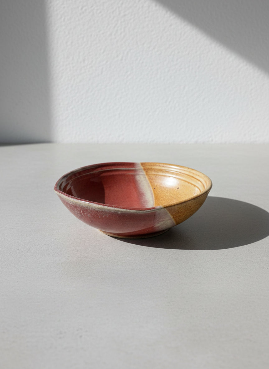 Large Two-Tone Studio Pottery Serving Bowl with Red Glaze & Natural Speckled Stoneware