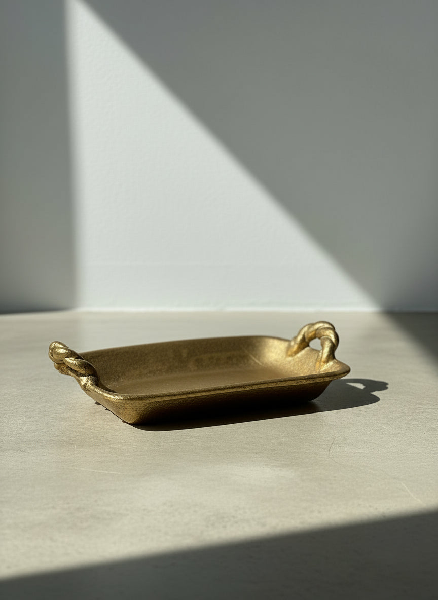 Handcrafted Vintage Ceramic Display Tray with Sculptural Twisted Handles and Gold Finish