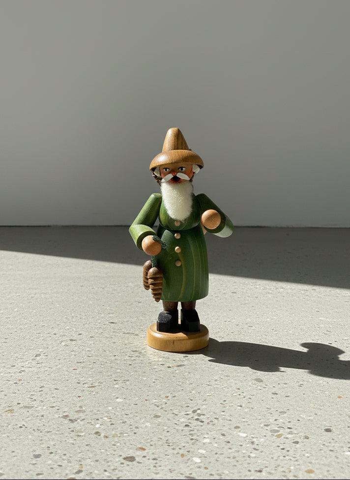 Vintage German Handcrafted Vintage Wooden Forest Santa Incense Smoker with Pinecones & Sack