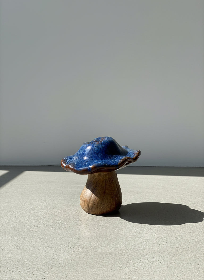Handmade Blue Drip Glaze Mushroom Art Pottery Sculpture