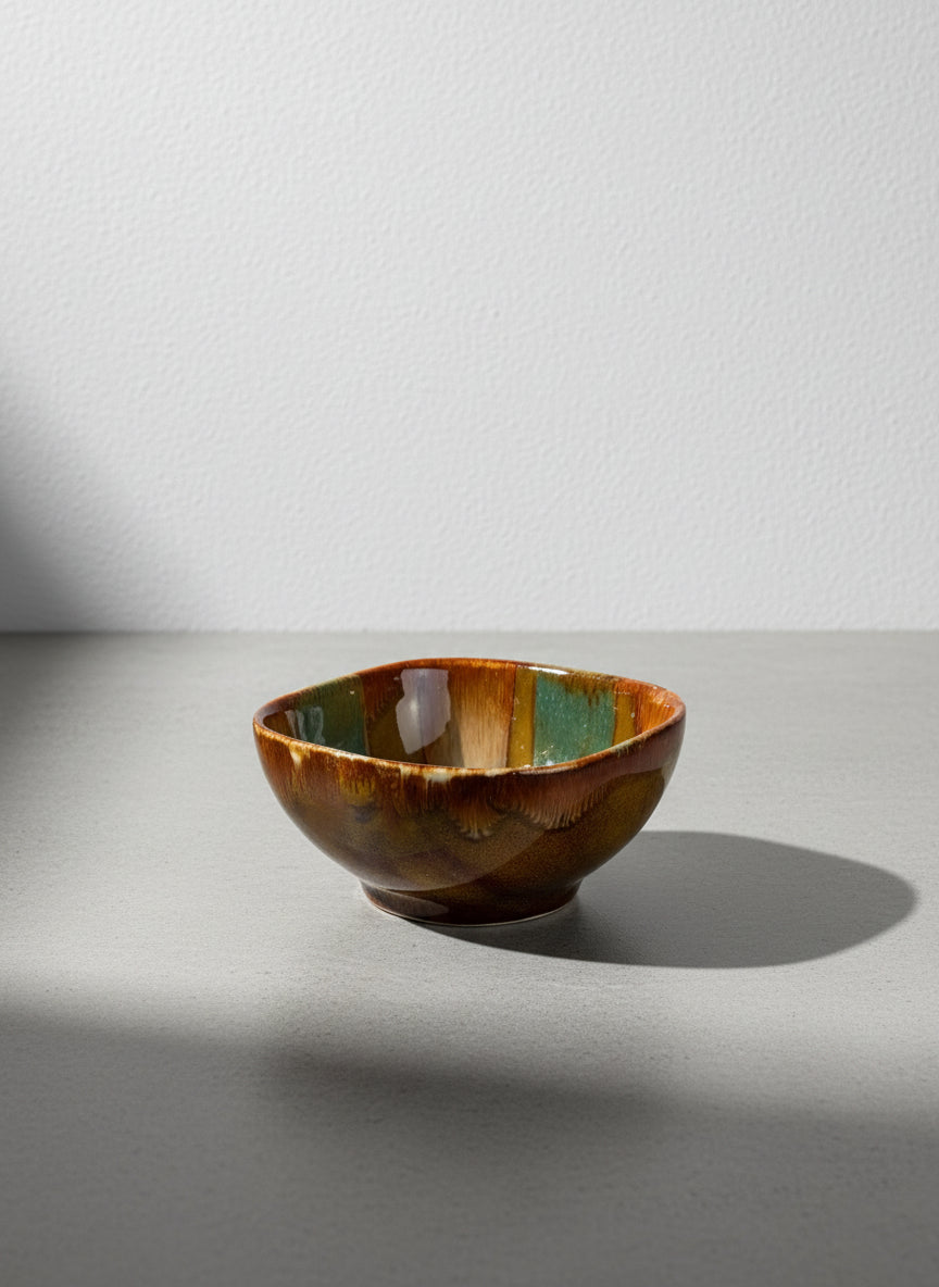 Handmade Earth-Tone Drip Glaze Studio Pottery Bowl with Artisanal Mid-Century Flair