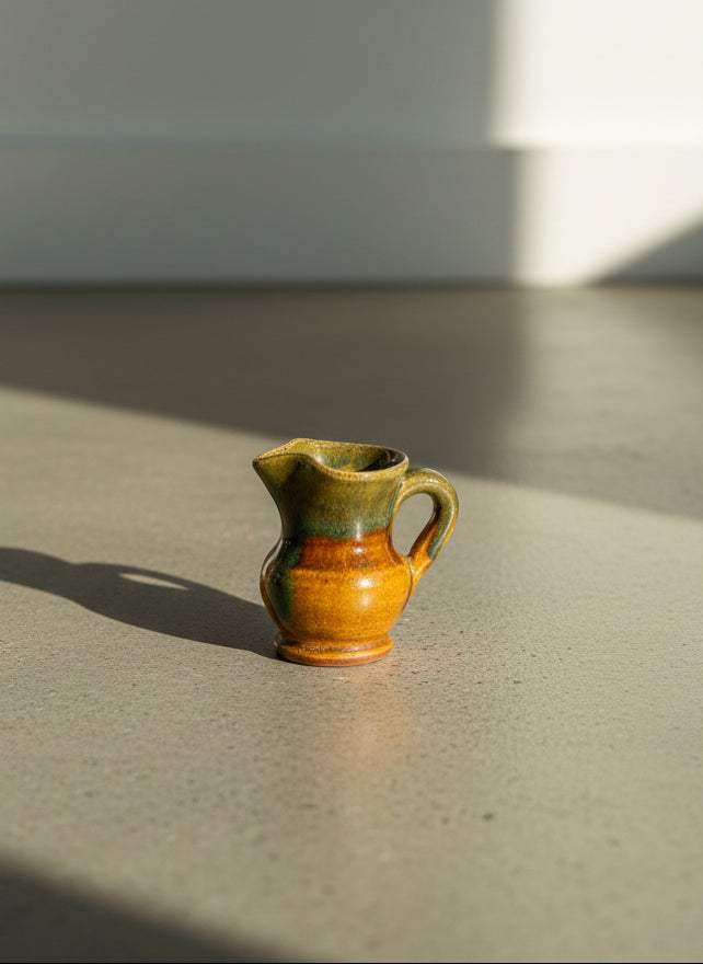 Miniature Hand-Thrown Ceramic Pitcher with Earthy Green and Amber Glaze