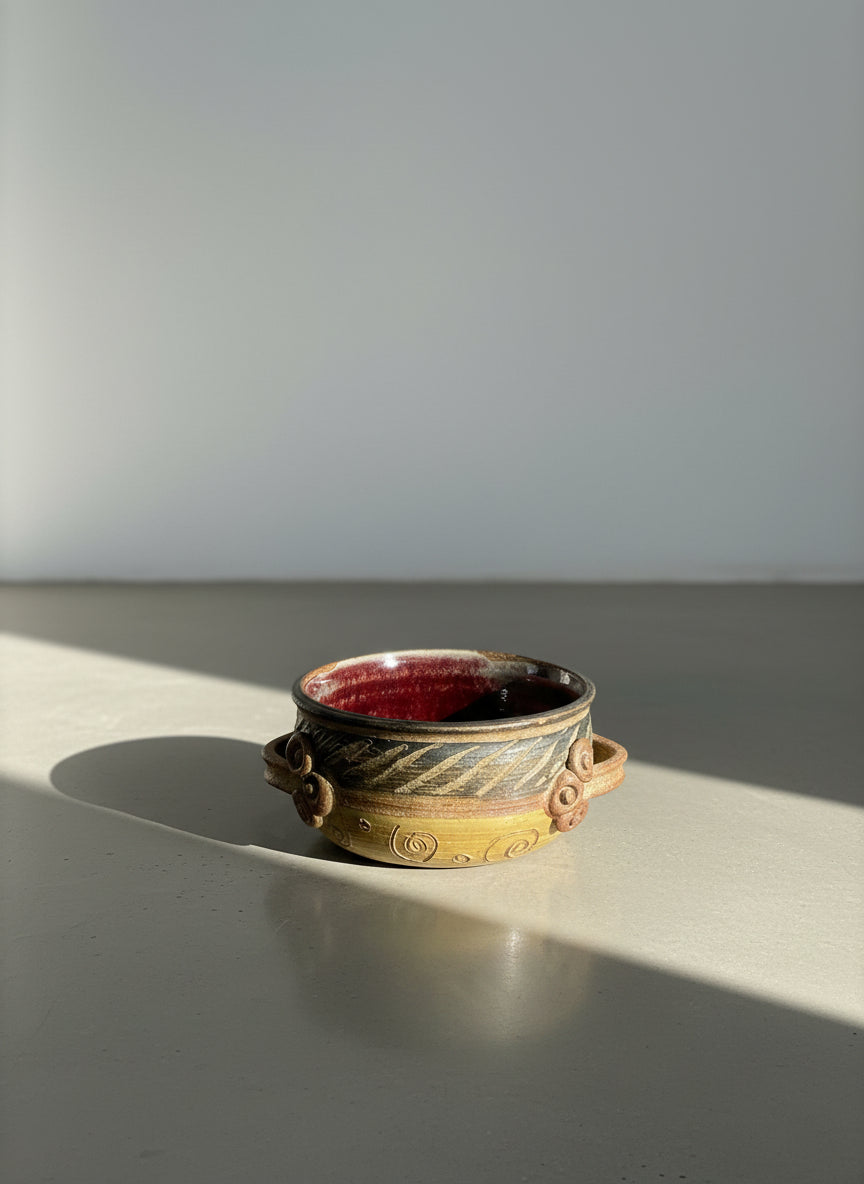 handmade studio pottery bowl with handles plum glaze interior