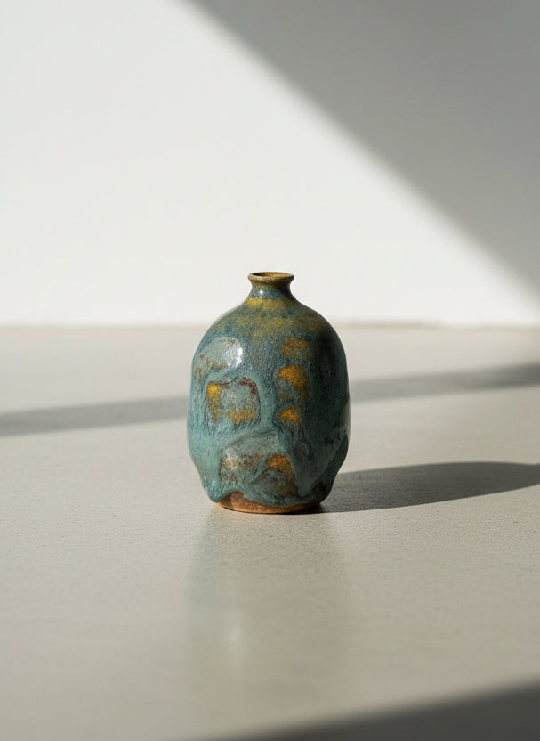 Handmade Studio Pottery Bud Vase with Flowing Blue-Green Lava Glaze & Ochre Accents