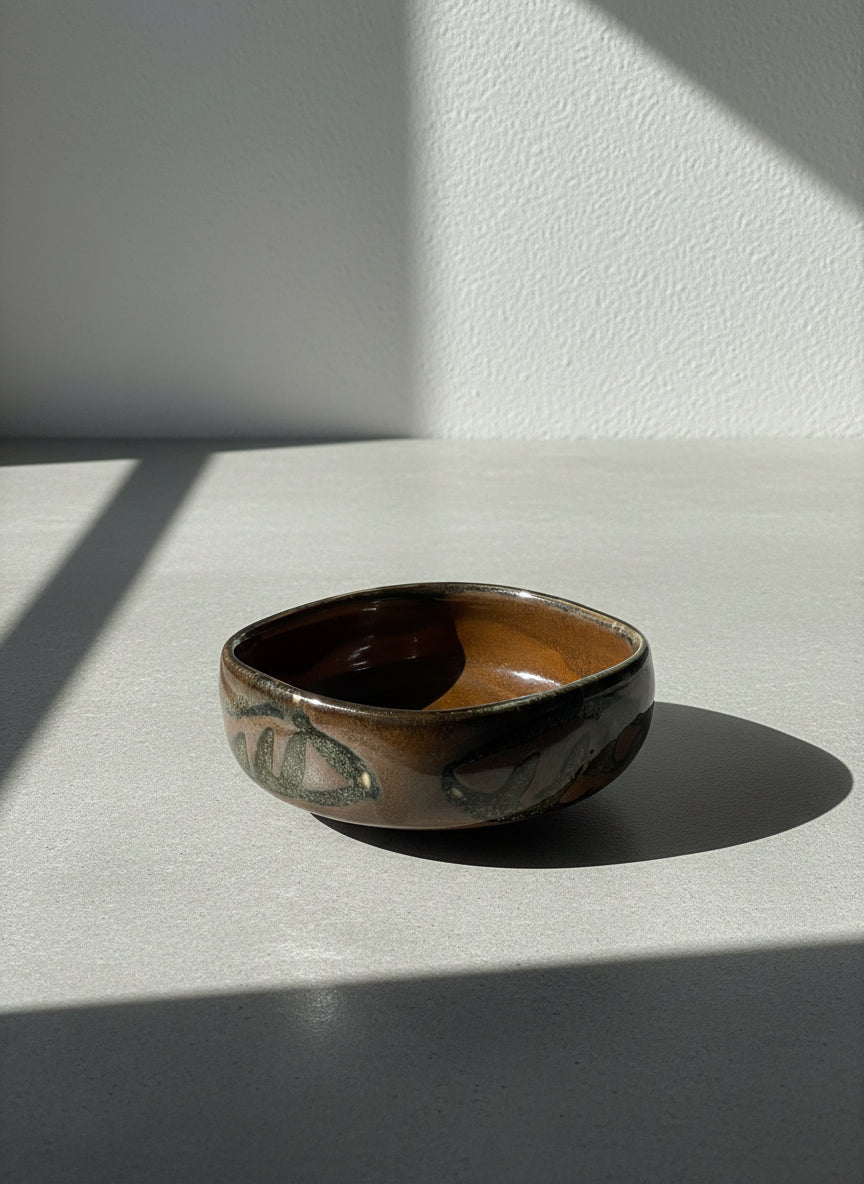 Handcrafted Brown Drip-Glazed Studio Pottery Bowl with Organic Abstract Motifs