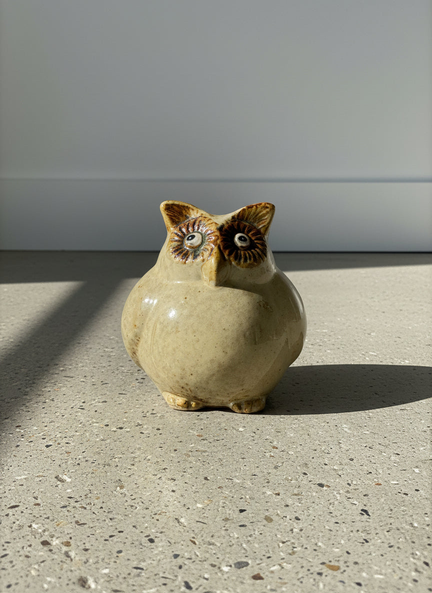 Handmade Studio Pottery Owl Figurine in Speckled Cream Glaze