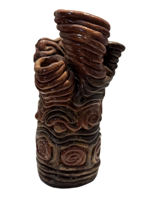 Unique Handcrafted Clay Swirl Sculptural Vase with Four Openings